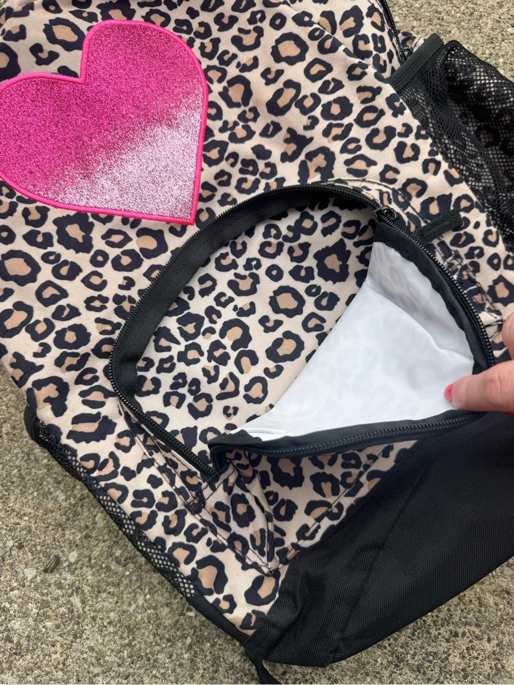The Children’s Place: Leopard print Bookbag with pink sparkle heart